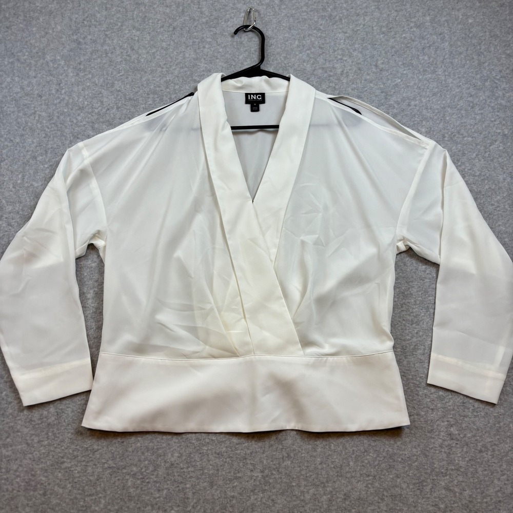 INC Blouse Womens Size M White Cold Shoulder Surplice Wrap Long Sleeve Top